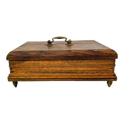Edwardian casket oak sewing / jewellery storage box with removable lid