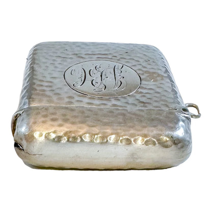 Large Edwardian sterling silver hand-hammered vesta case with bale and strike plate
