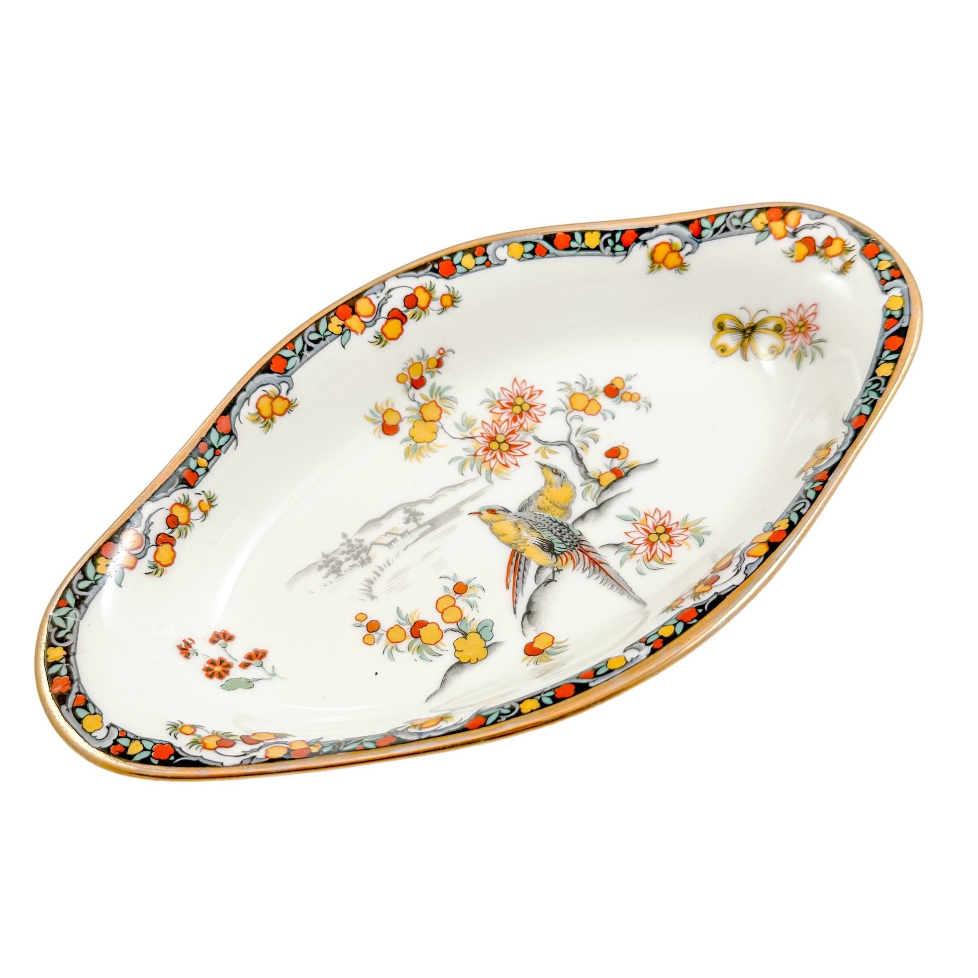 Vintage French Limoges porcelain candy dish with paradise bird motif