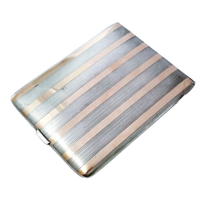 American Art Deco sterling silver cigarette / card case inlaid with 14k yellow gold bands