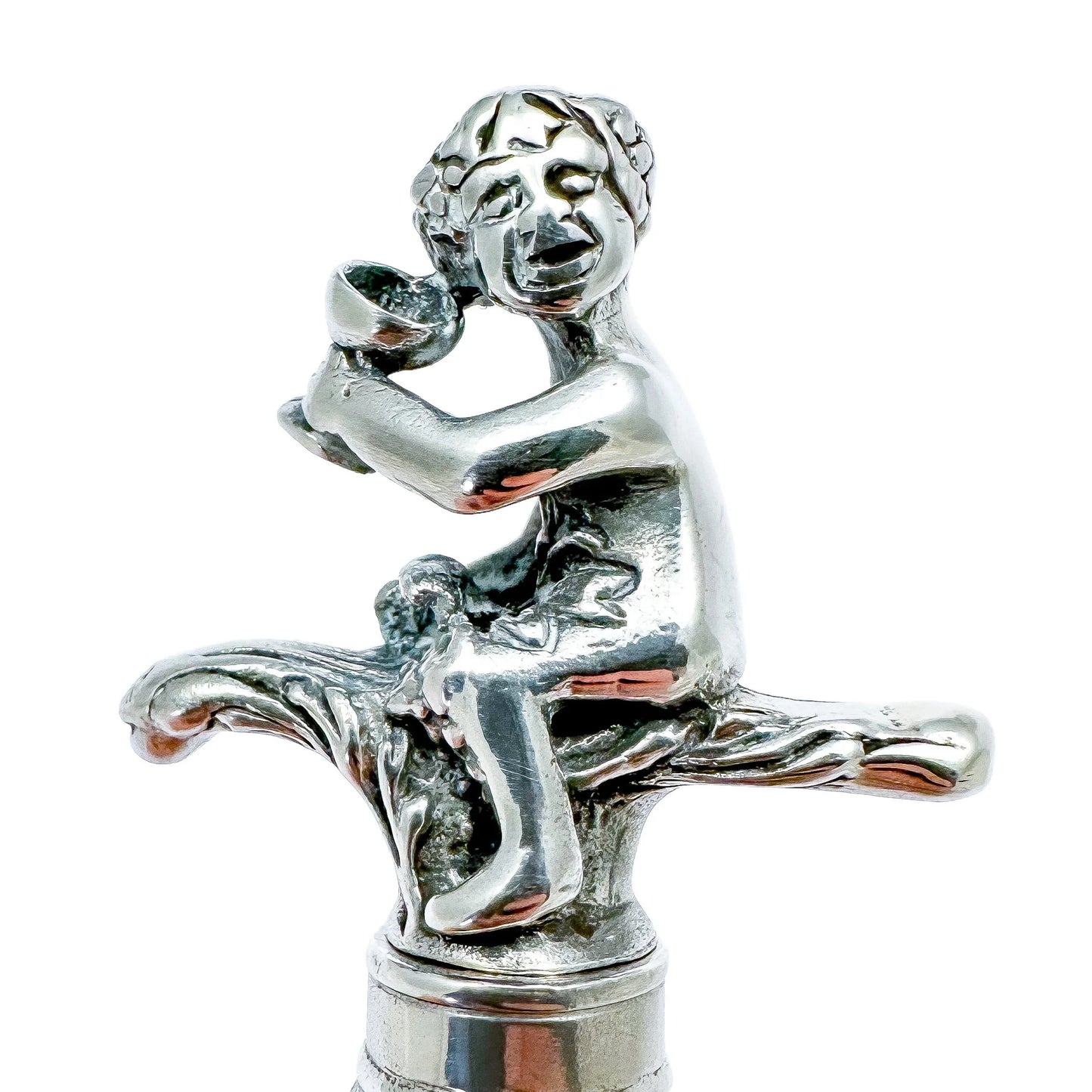 Large Dutch solid silver figural corkscrew of Bacchus / Cupid drinking wine