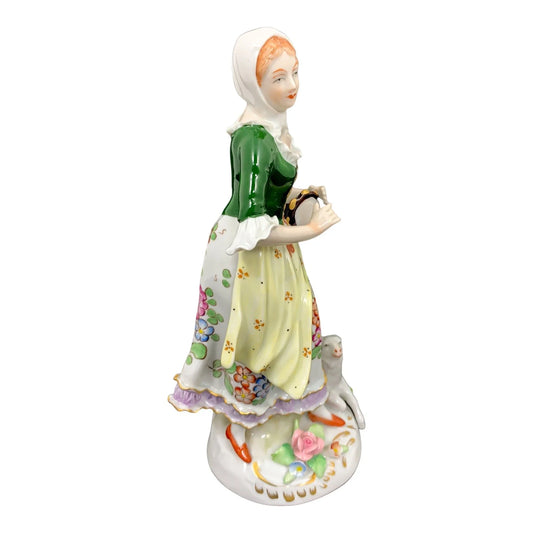 German porcelain Sitzendorf figurine of Georgian peasant girl with tambourine and sheep at her feet