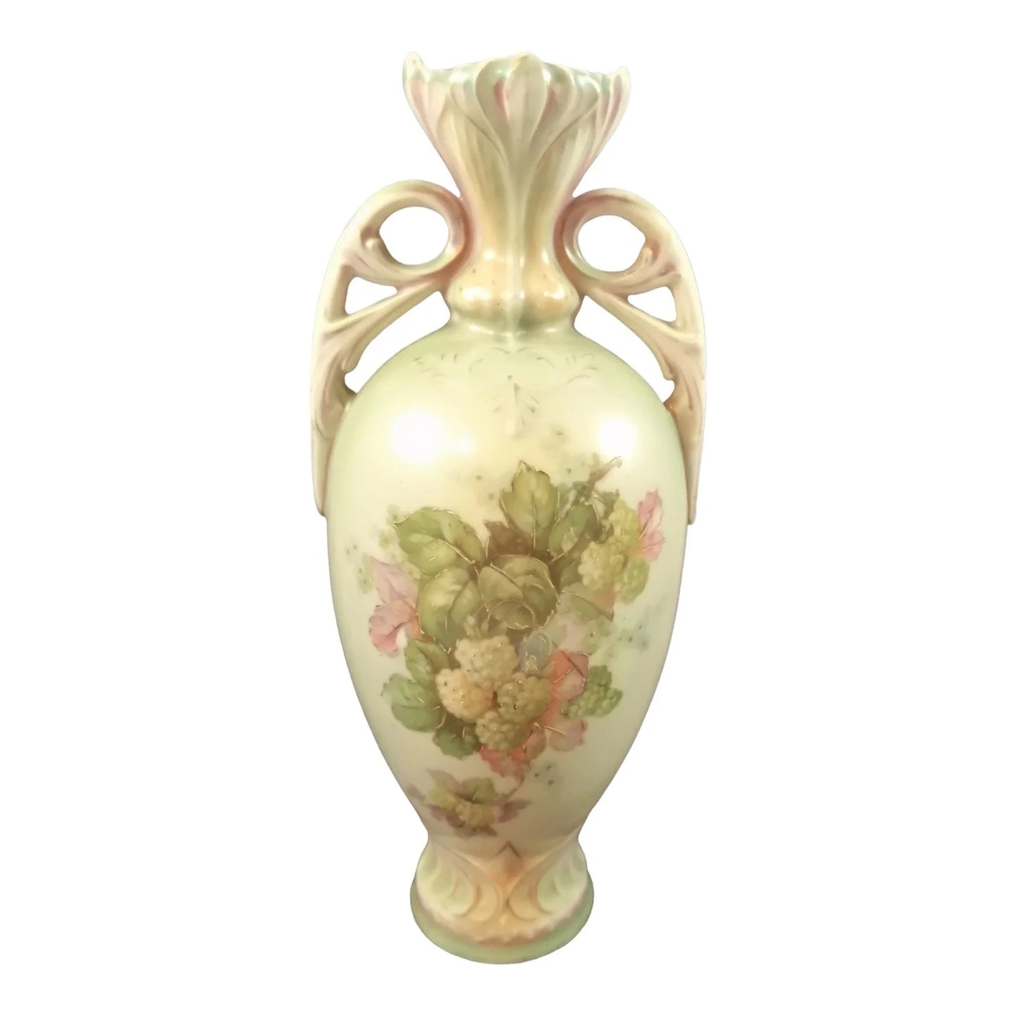 Austro-Hungarian Art Nouveau Bohemian floral blush twin handled porcelain vase