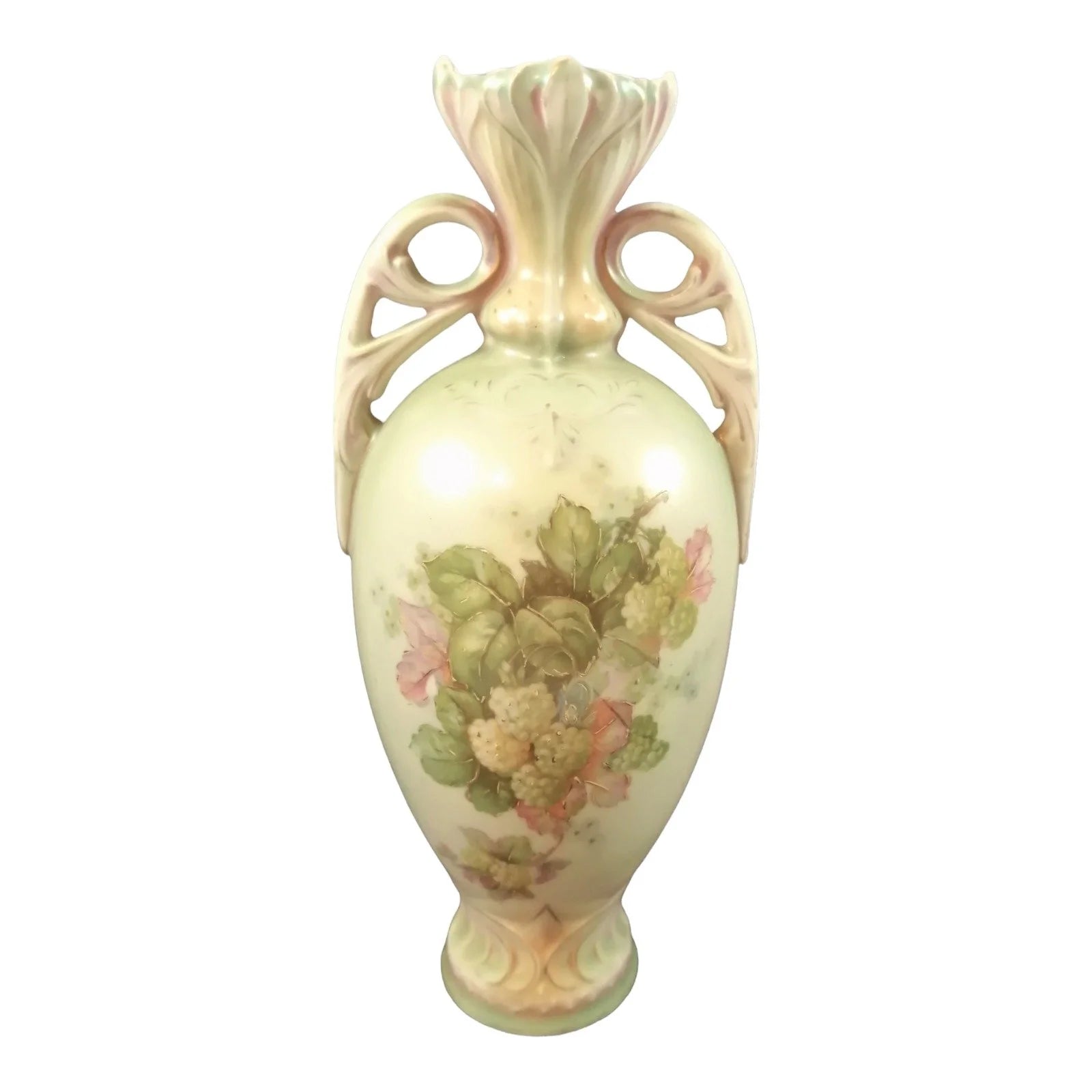 Austro-Hungarian Art Nouveau Bohemian floral blush twin handled porcelain vase