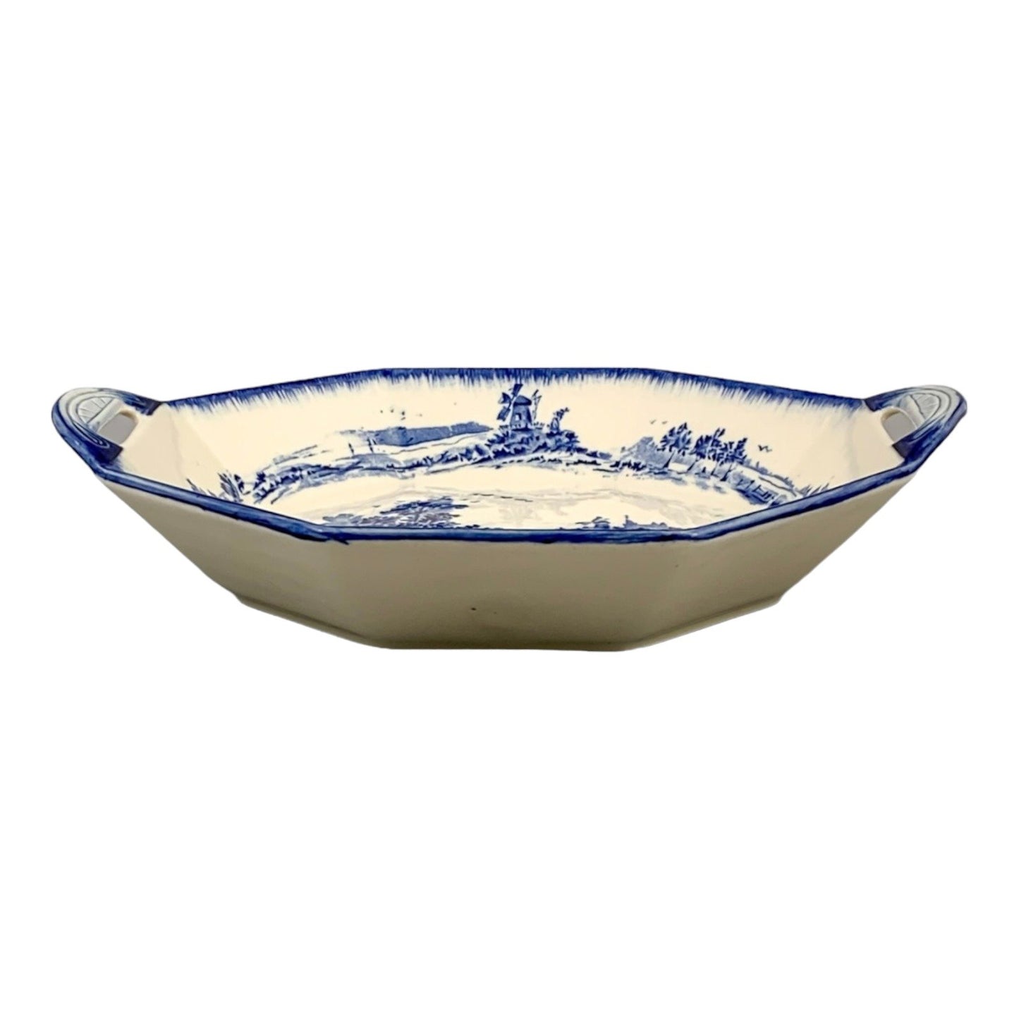 Pair of Royal Doulton serving platters, blue and white “Norfolk” windmill design, hexagonal dish