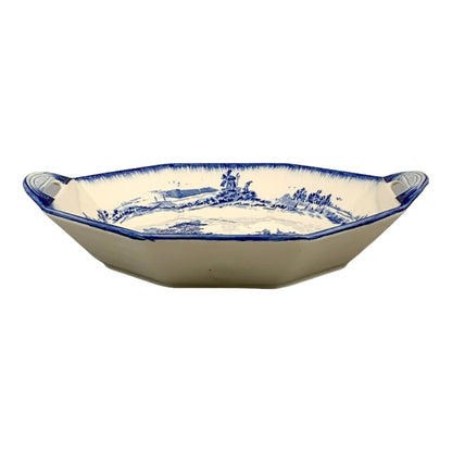 Pair of Royal Doulton serving platters, blue and white “Norfolk” windmill design, hexagonal dish