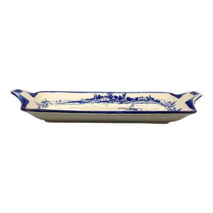 Pair of Royal Doulton serving platters, blue and white “Norfolk” windmill design, hexagonal dish
