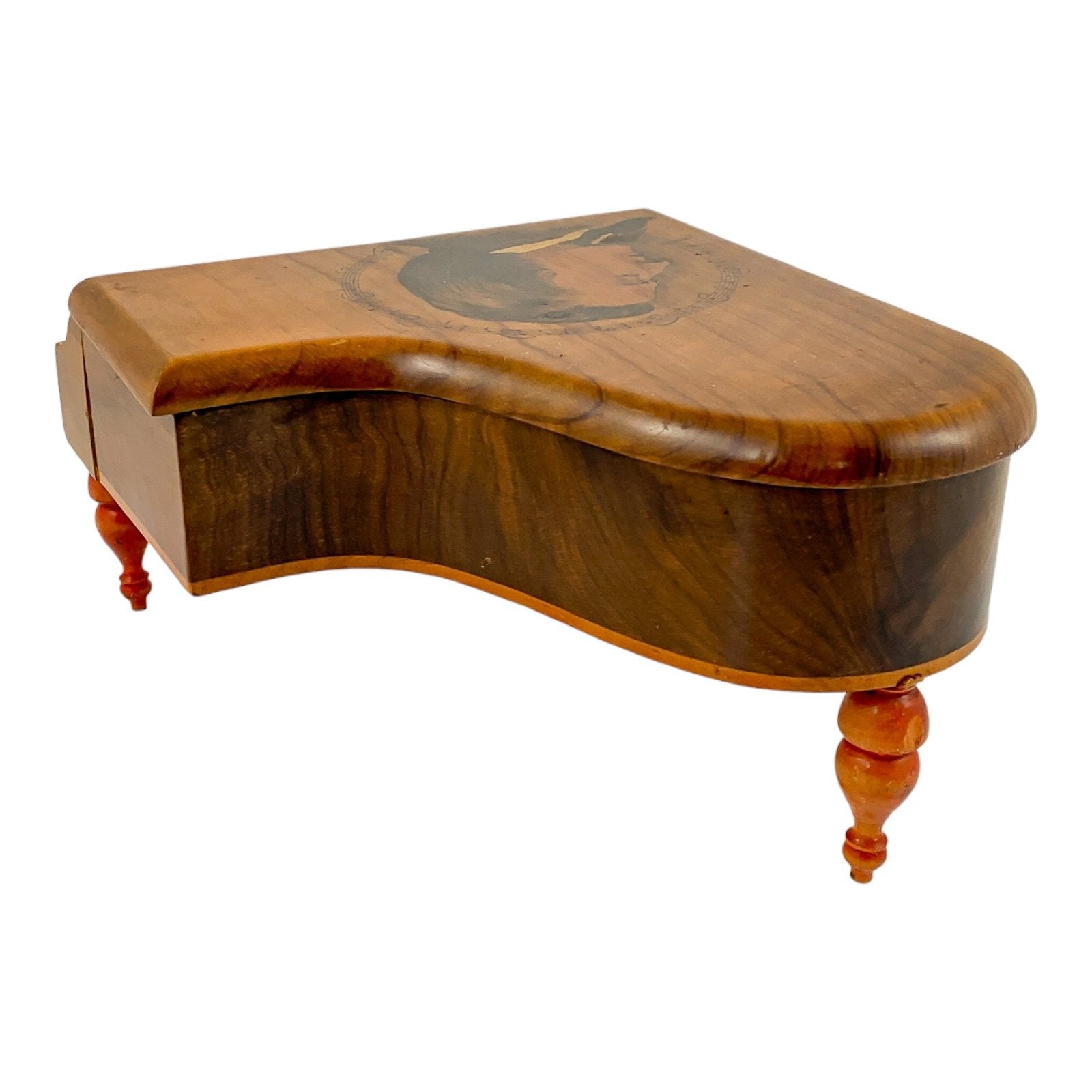 Antique Thorens baby grand piano walnut music jewellery box, silk lined, Emperor Waltz