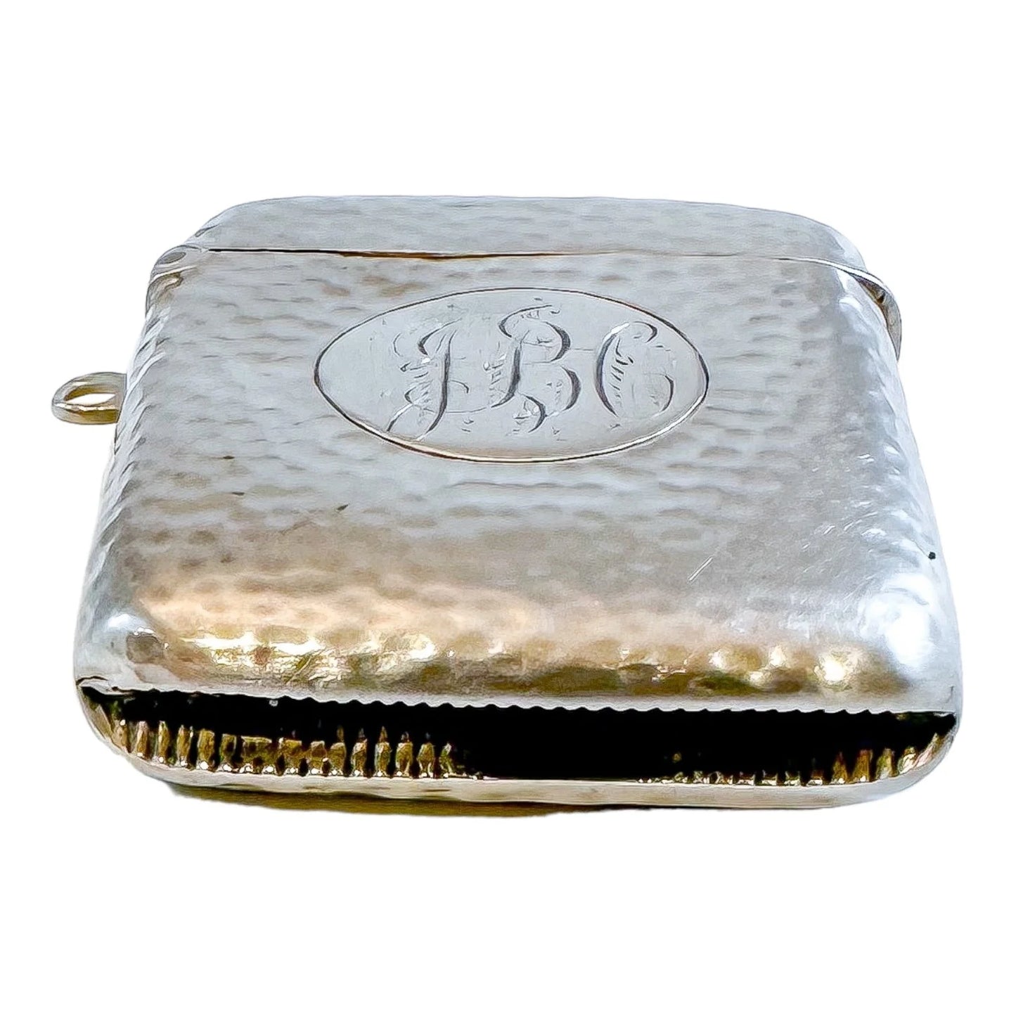Large Edwardian sterling silver hand-hammered vesta case with bale and strike plate