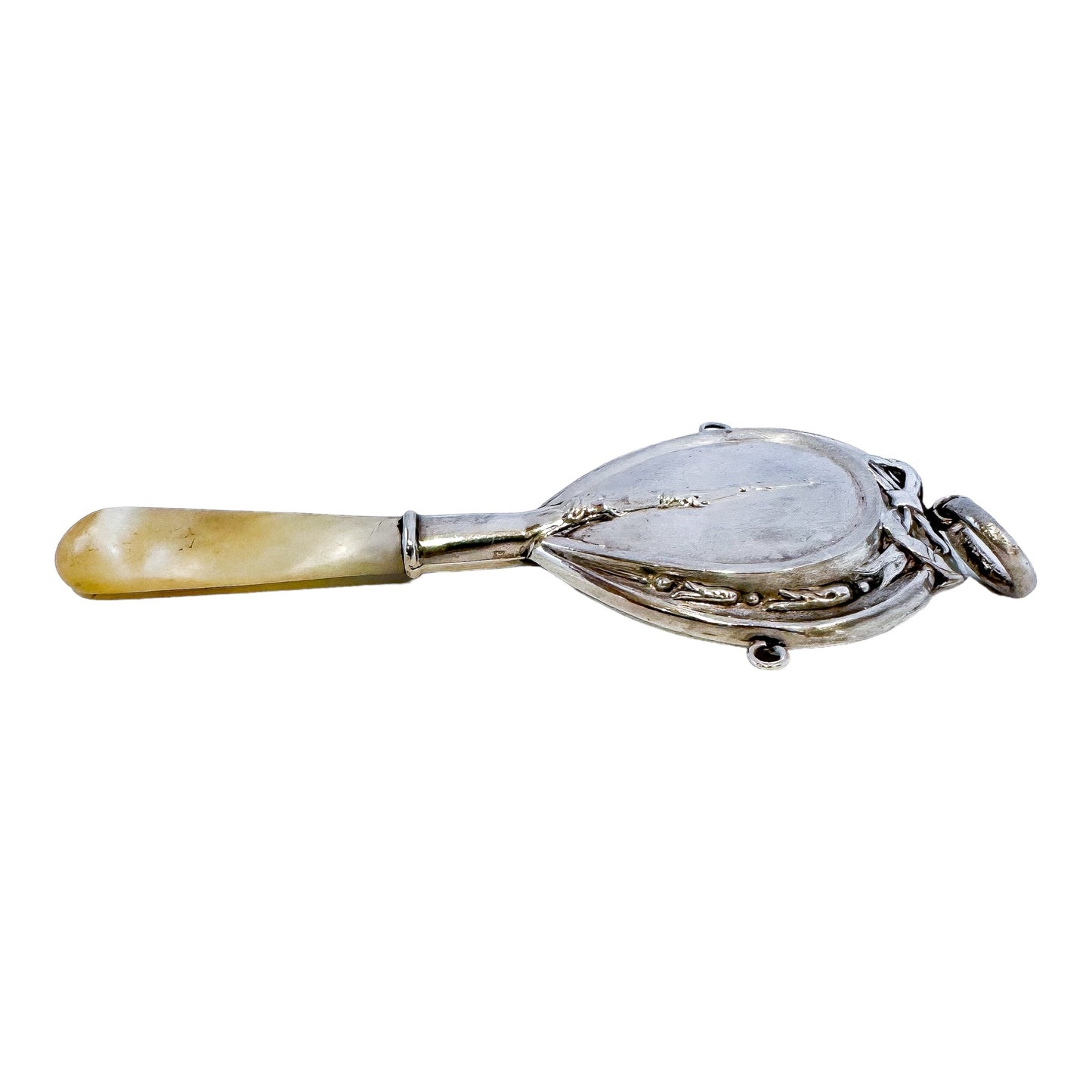 Edwardian Chester sterling silver and mother of pearl baby rattle