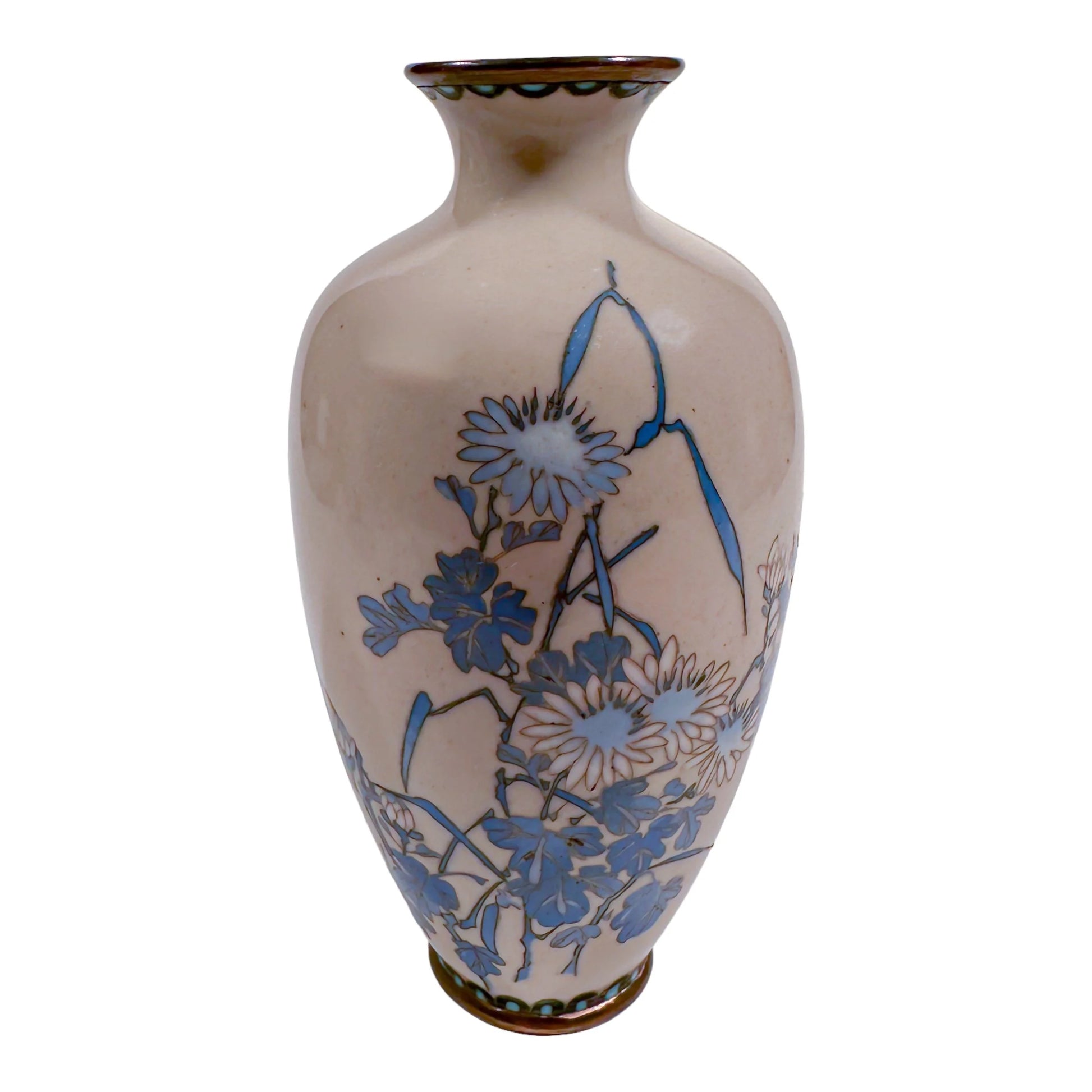 Pair of Meiji era Japanese cloisonné vases, blue chrysanthemum on grey