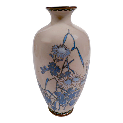 Pair of Meiji era Japanese cloisonné vases, blue chrysanthemum on grey