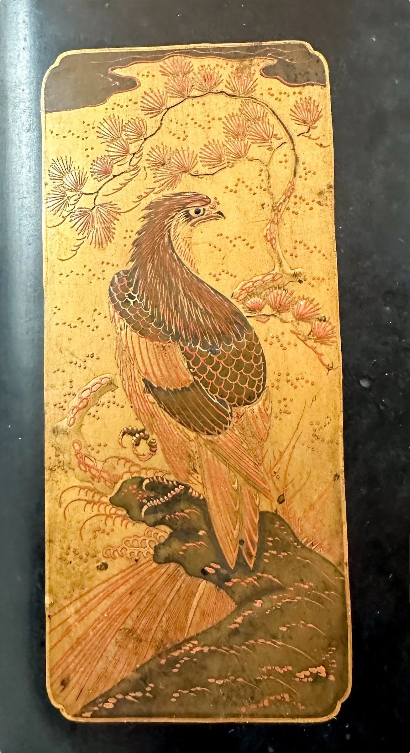 Japanese Meiji black lacquer document box, gold takamaki-e crane and bird of prey design