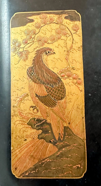 Japanese Meiji black lacquer document box, gold takamaki-e crane and bird of prey design