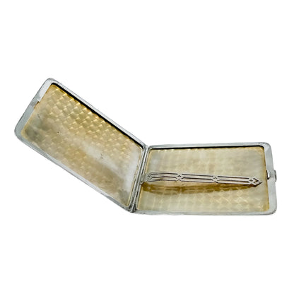 American Art Deco sterling silver cigarette / card case inlaid with 14k yellow gold bands