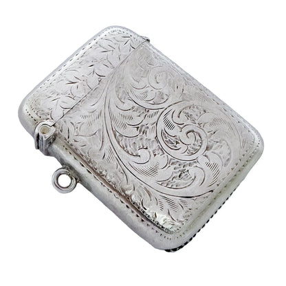 Sterling silver Edwardian vesta case engraved with Art Nouveau scrolling foliage