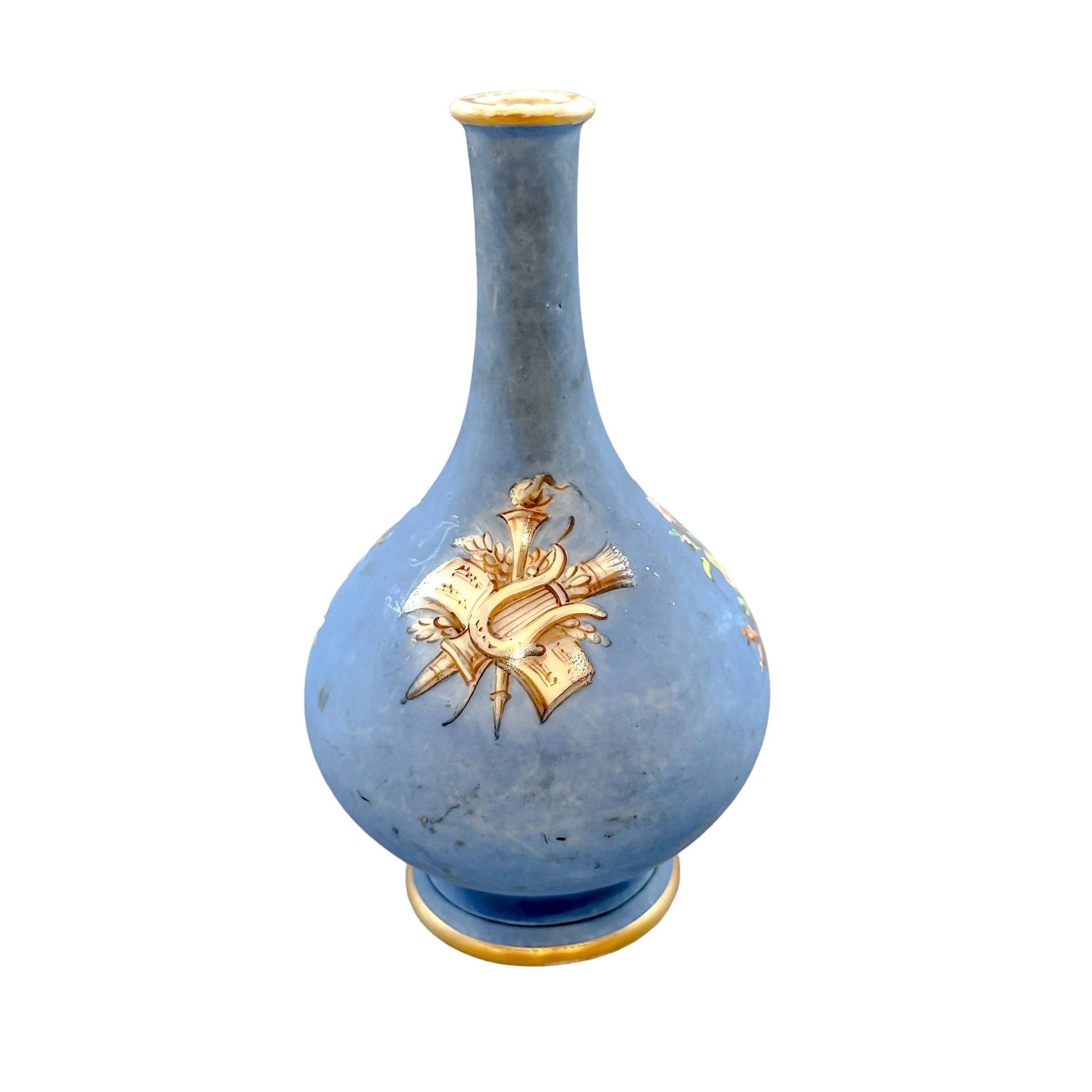 French 19th Century onion-shaped blue porcelain vase of cherub riding sea monster