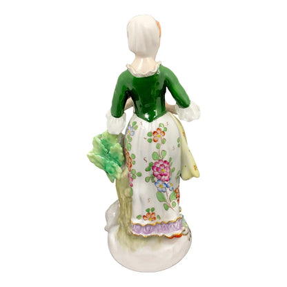 German porcelain Sitzendorf figurine of Georgian peasant girl with tambourine and sheep at her feet