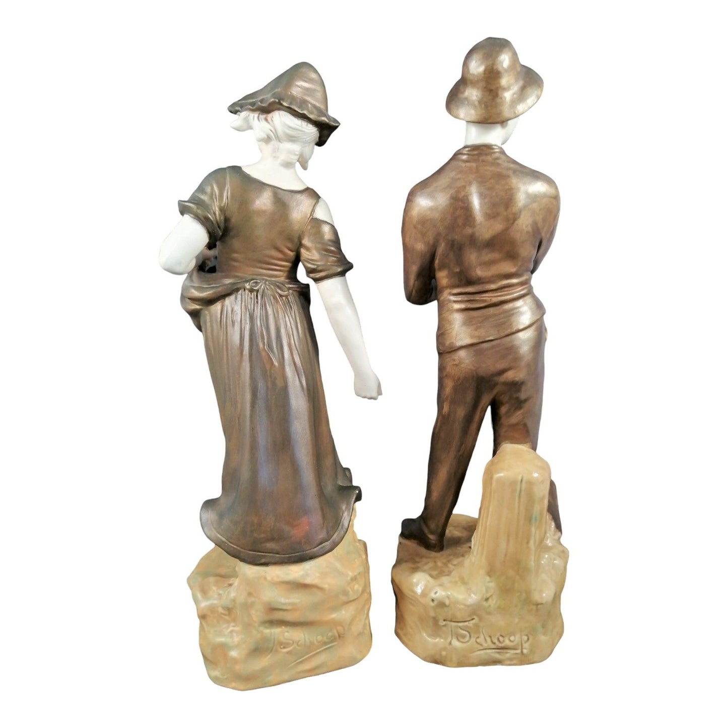 Pair of Art Nouveau Theodore Schoop for Bernard Bloch porcelain figurines, farming peasant couple