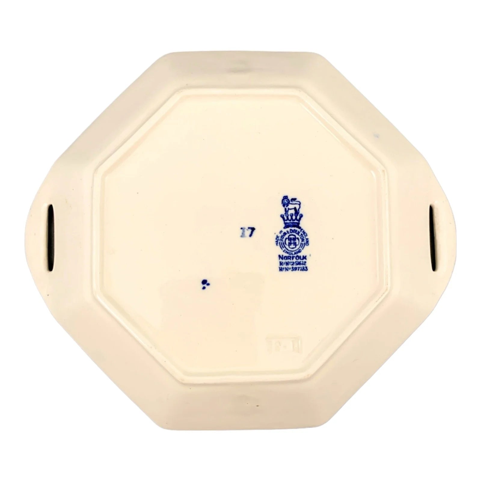Pair of Royal Doulton serving platters, blue and white “Norfolk” windmill design, hexagonal dish