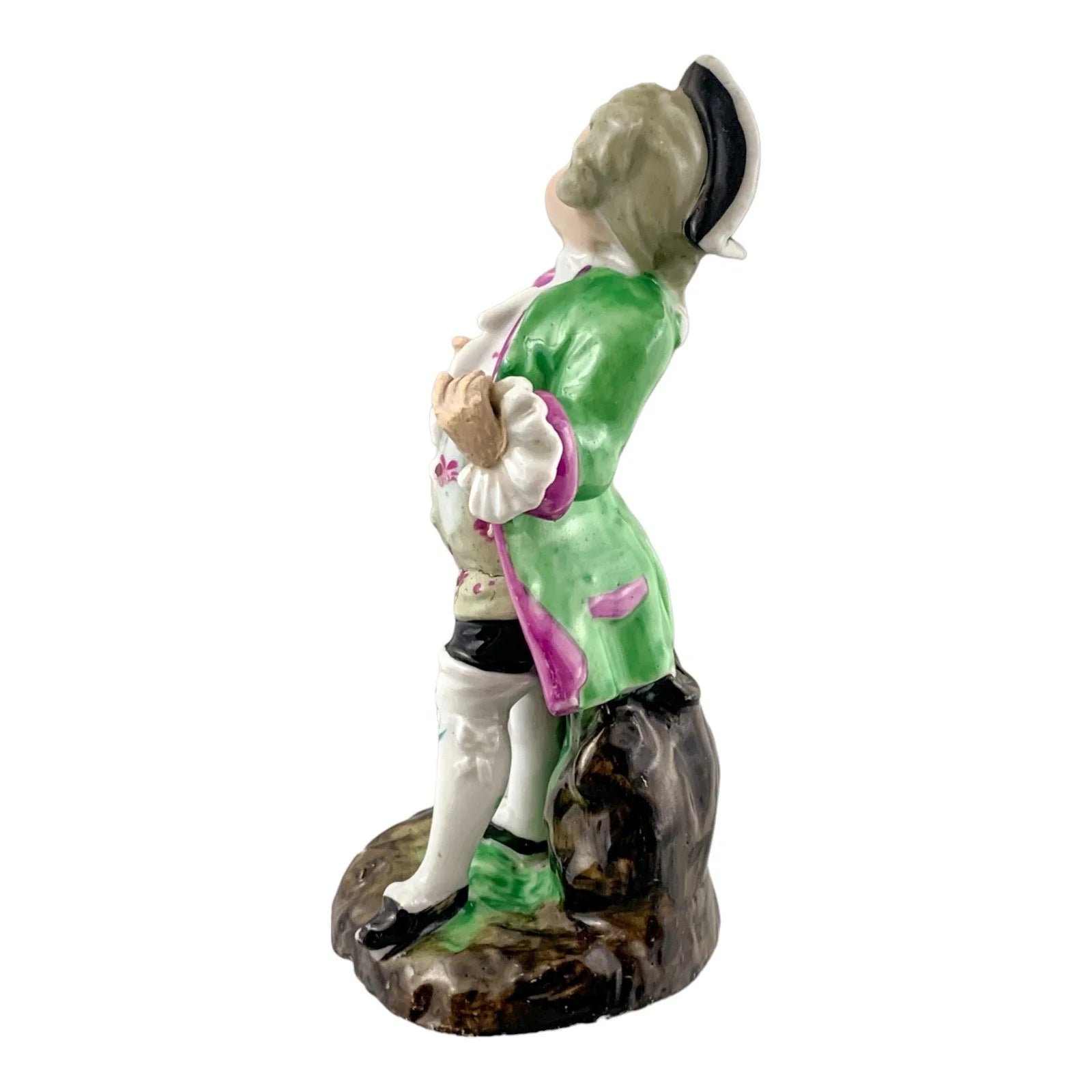 Victorian set of 3 German porcelain figurines – Regency dandy, fruit seller and musician