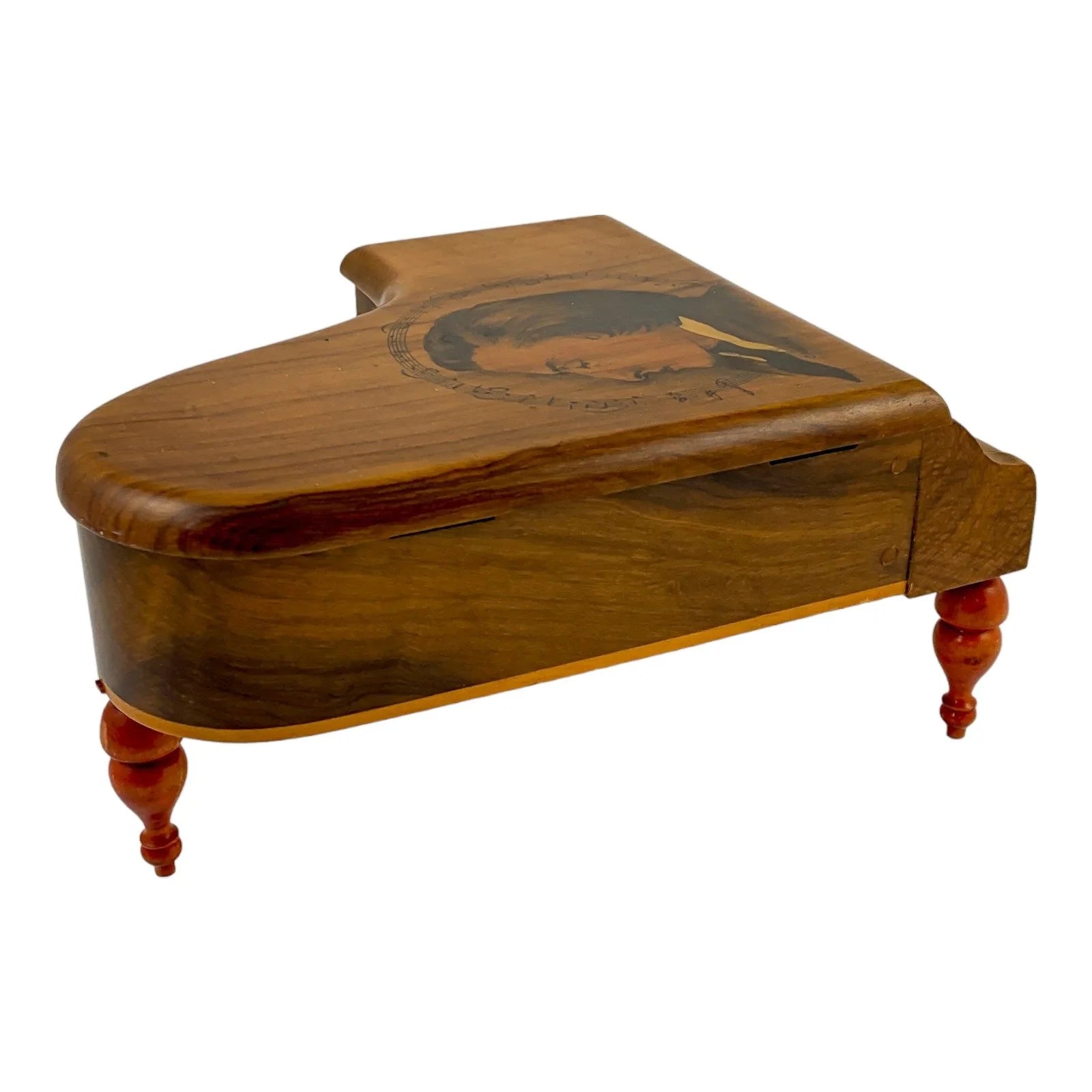 Antique Thorens baby grand piano walnut music jewellery box, silk lined, Emperor Waltz