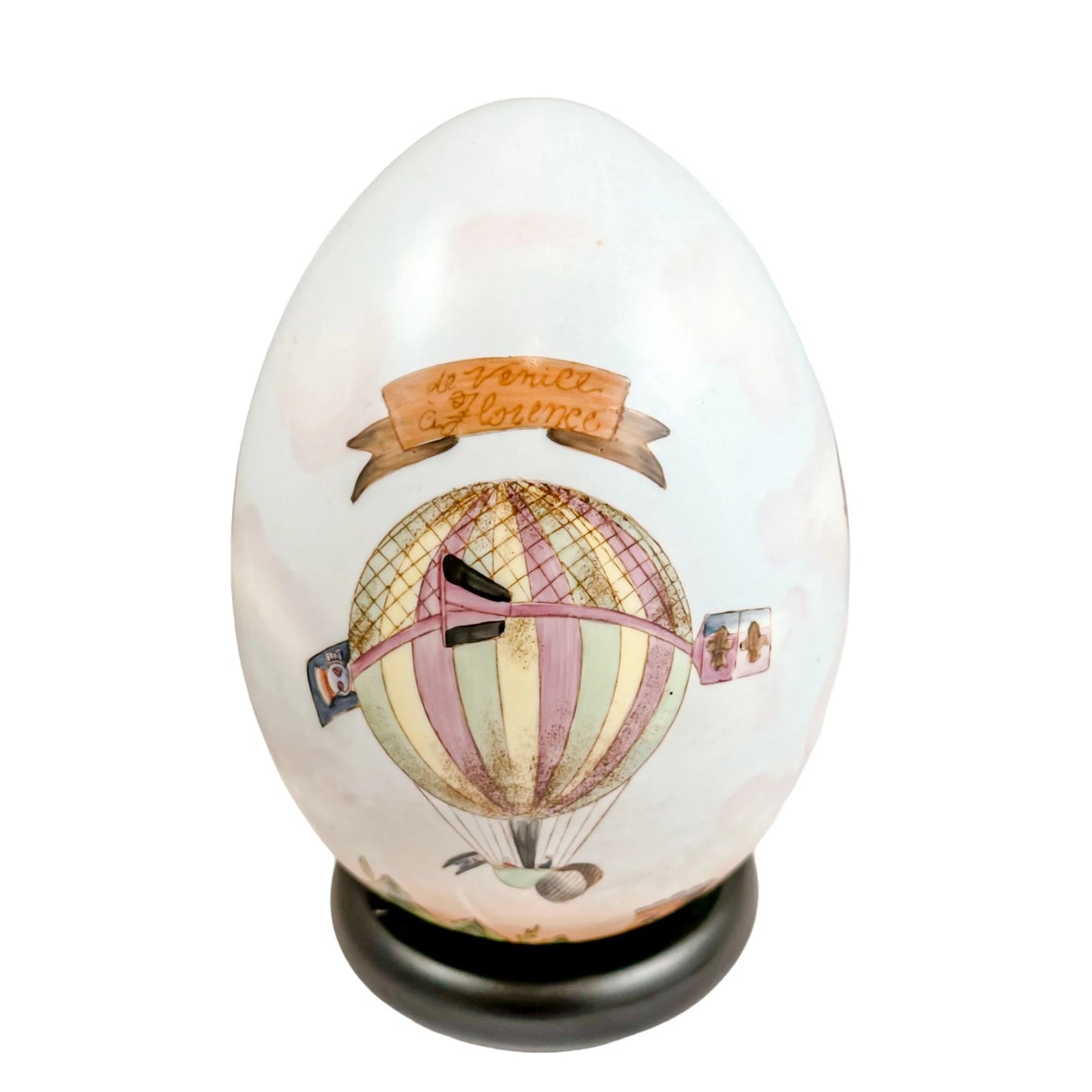 French Sevres style porcelain Easter egg with hot air balloon decoration