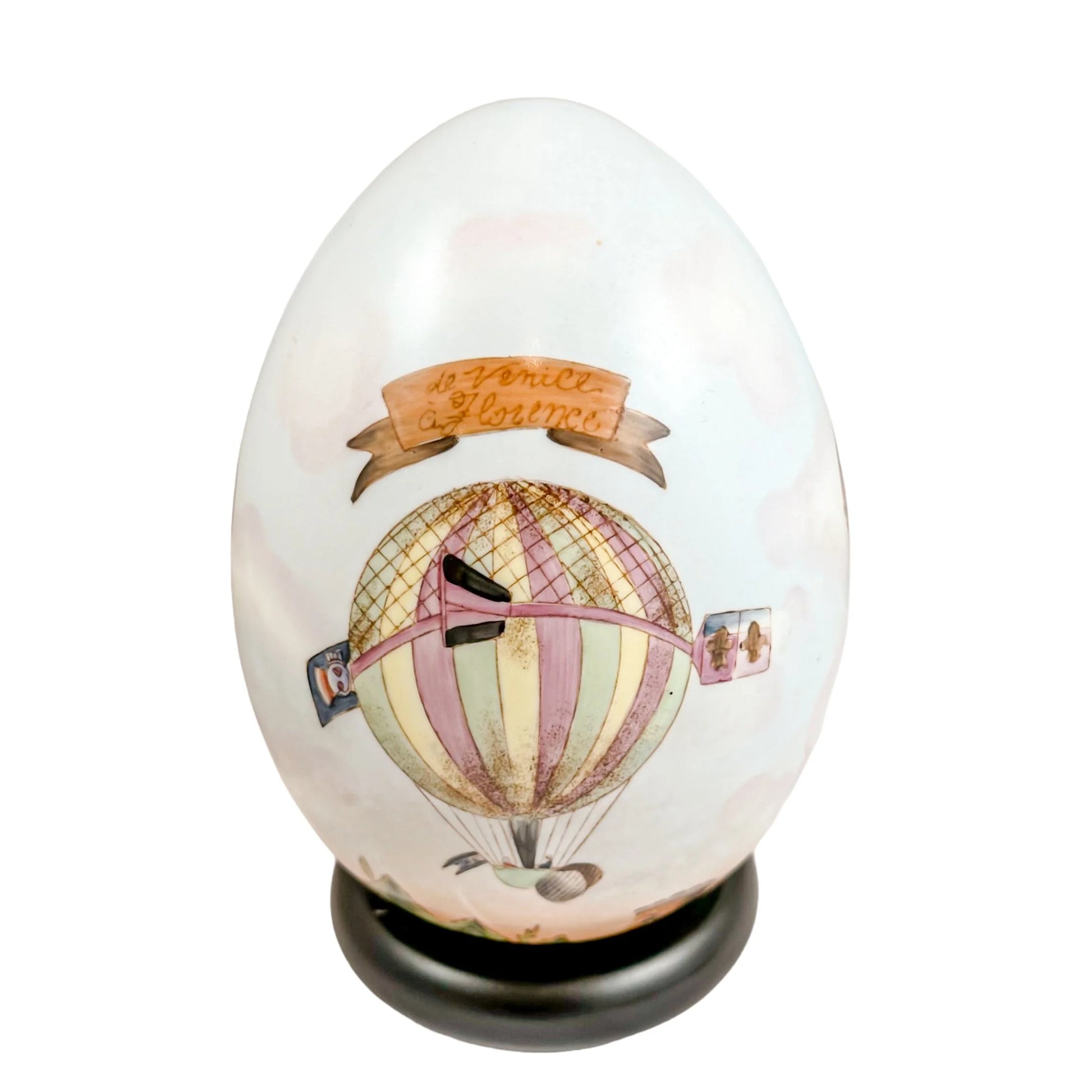 French Sevres style porcelain Easter egg with hot air balloon decoration