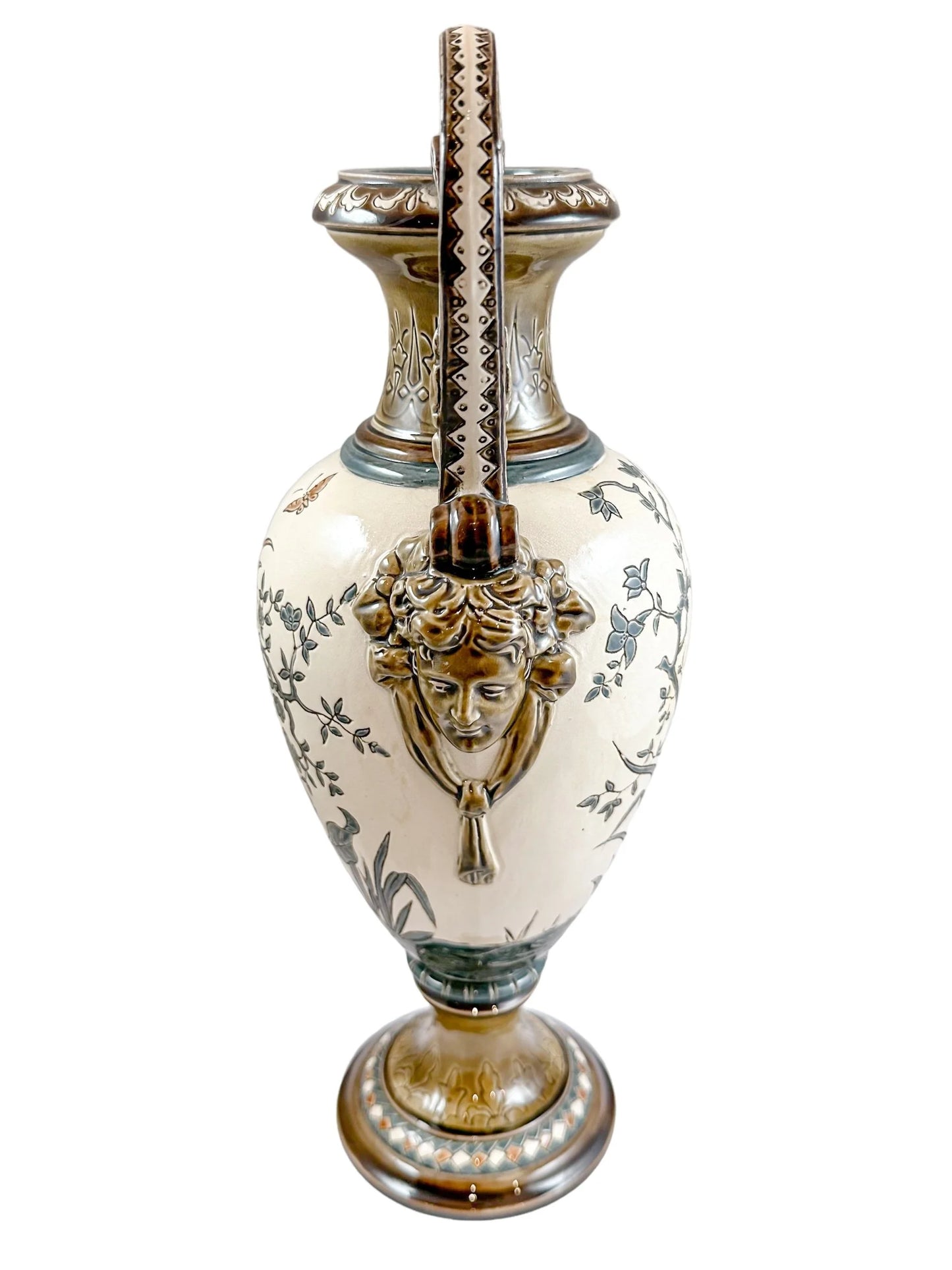 Art Nouveau majolica Gerbing & Stephan double handed vase, Japanese bird motif