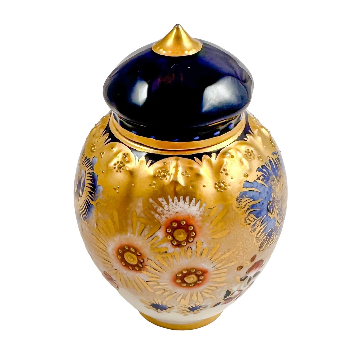Victorian Royal Crown Derby lidded pot gilded and hand-painted with Imari flowers
