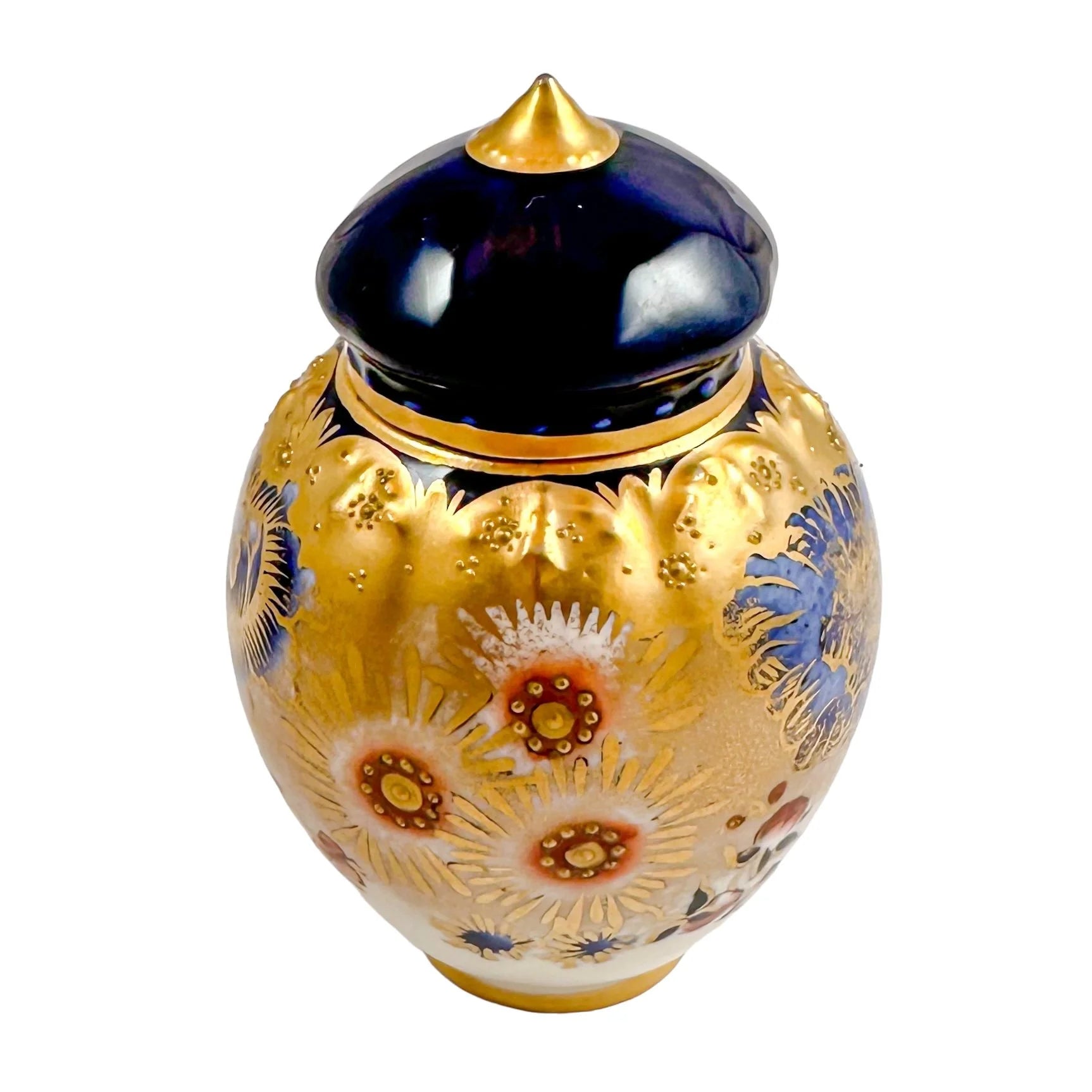Victorian Royal Crown Derby lidded pot gilded and hand-painted with Imari flowers