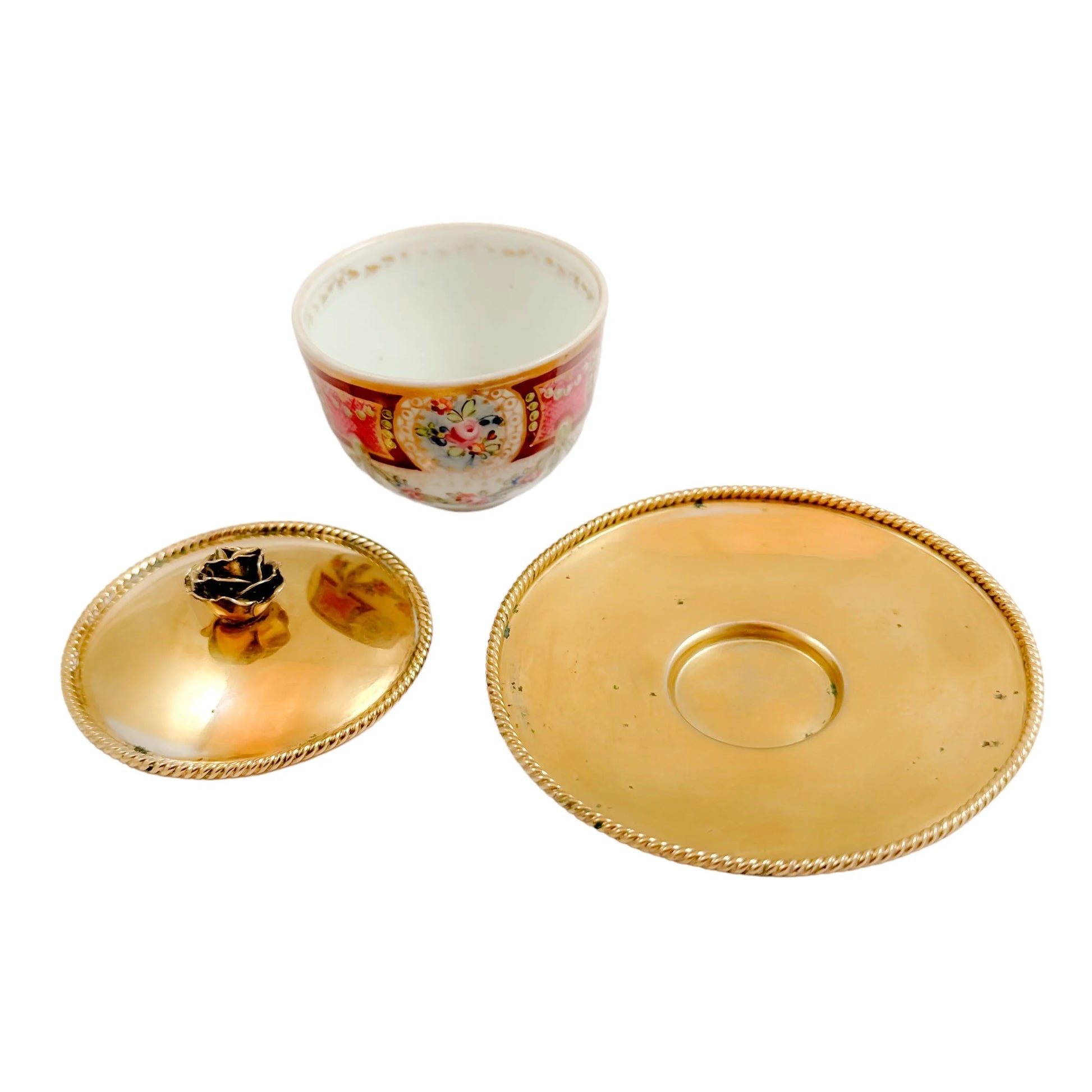 18th century floral Rococo Meissen Marcolini sucrier, gilt silver lid and saucer