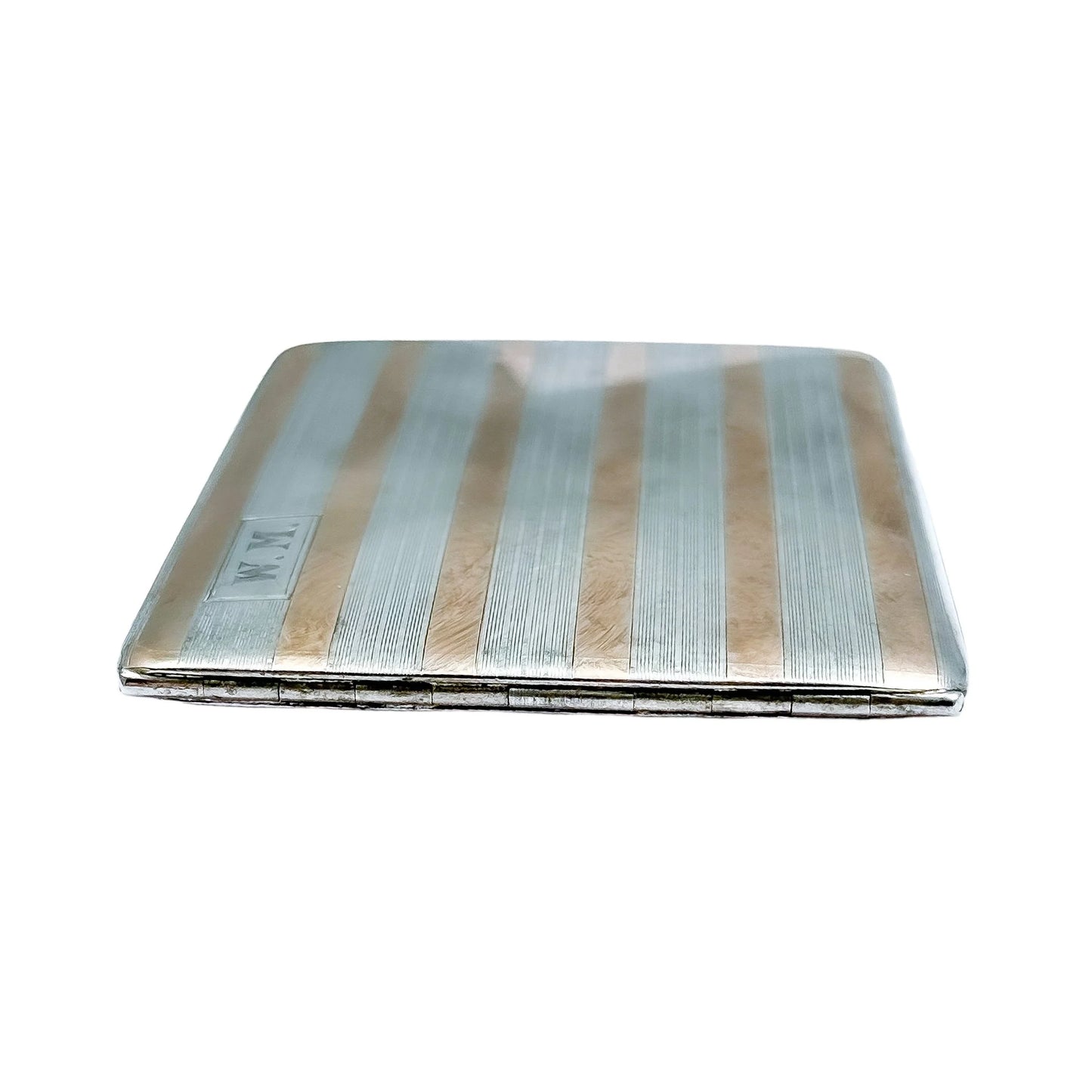 American Art Deco sterling silver cigarette / card case inlaid with 14k yellow gold bands