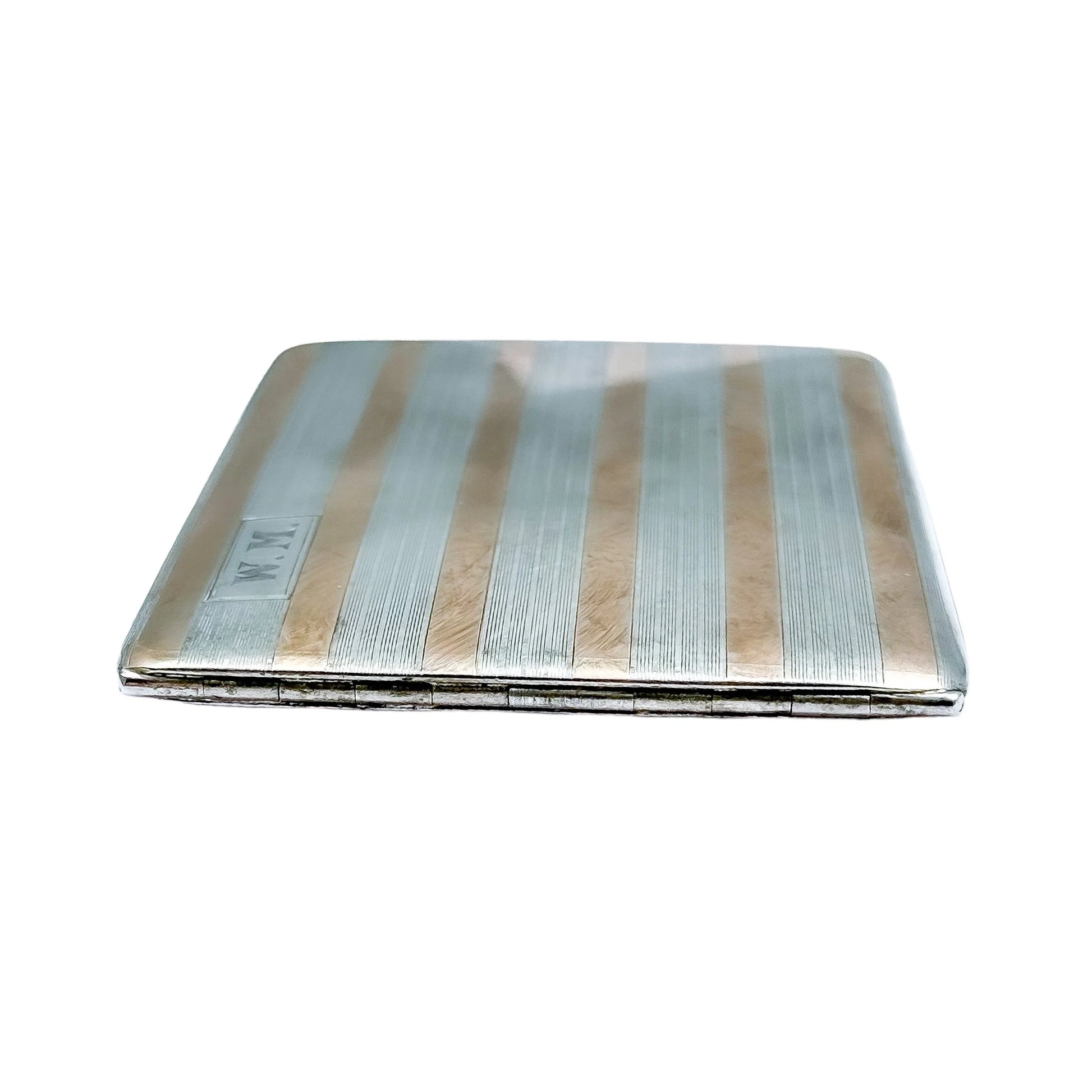 American Art Deco sterling silver cigarette / card case inlaid with 14k yellow gold bands