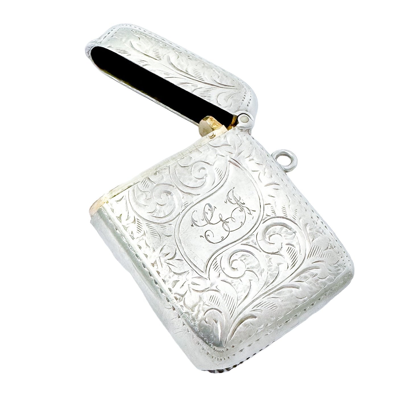 Sterling silver Edwardian vesta case engraved with Art Nouveau scrolling foliage