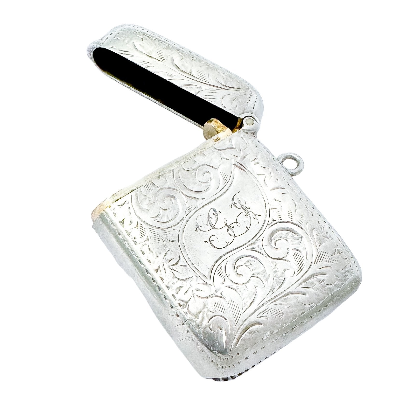 Sterling silver Edwardian vesta case engraved with Art Nouveau scrolling foliage