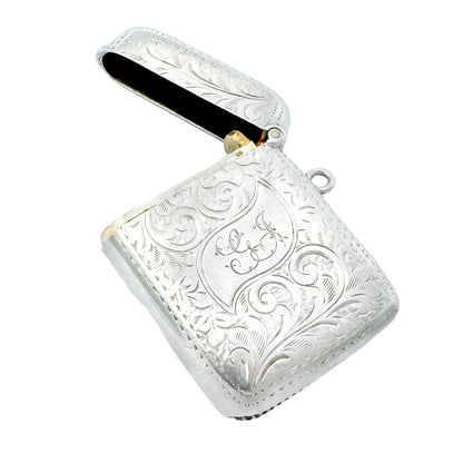 Sterling silver Edwardian vesta case engraved with Art Nouveau scrolling foliage