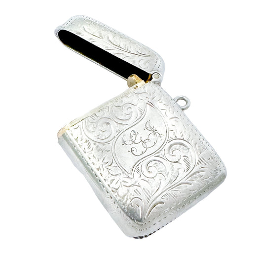 Sterling silver Edwardian vesta case engraved with Art Nouveau scrolling foliage