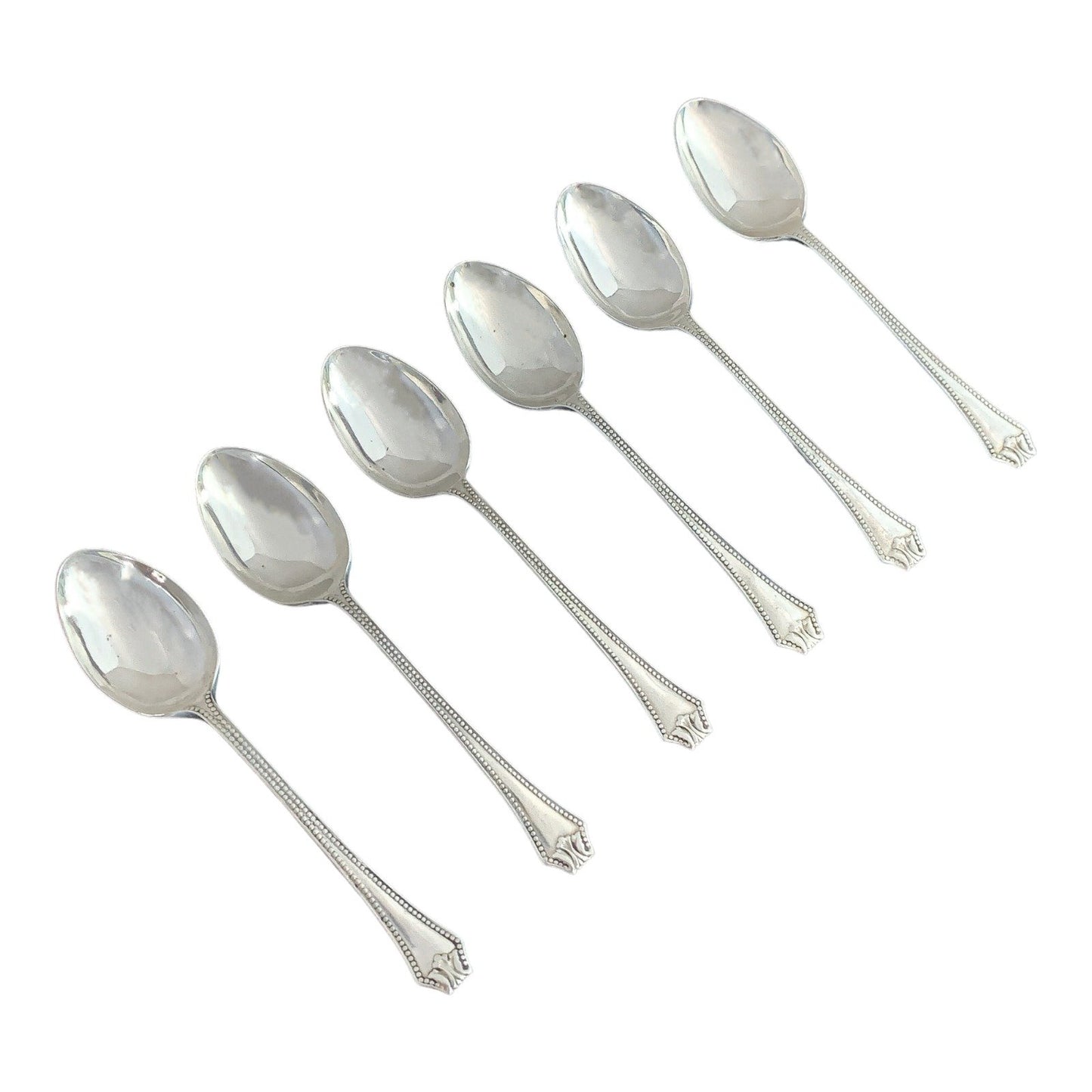 Boxed Art Deco sterling silver set of 6 large beaded teaspoons with Grecian terminals