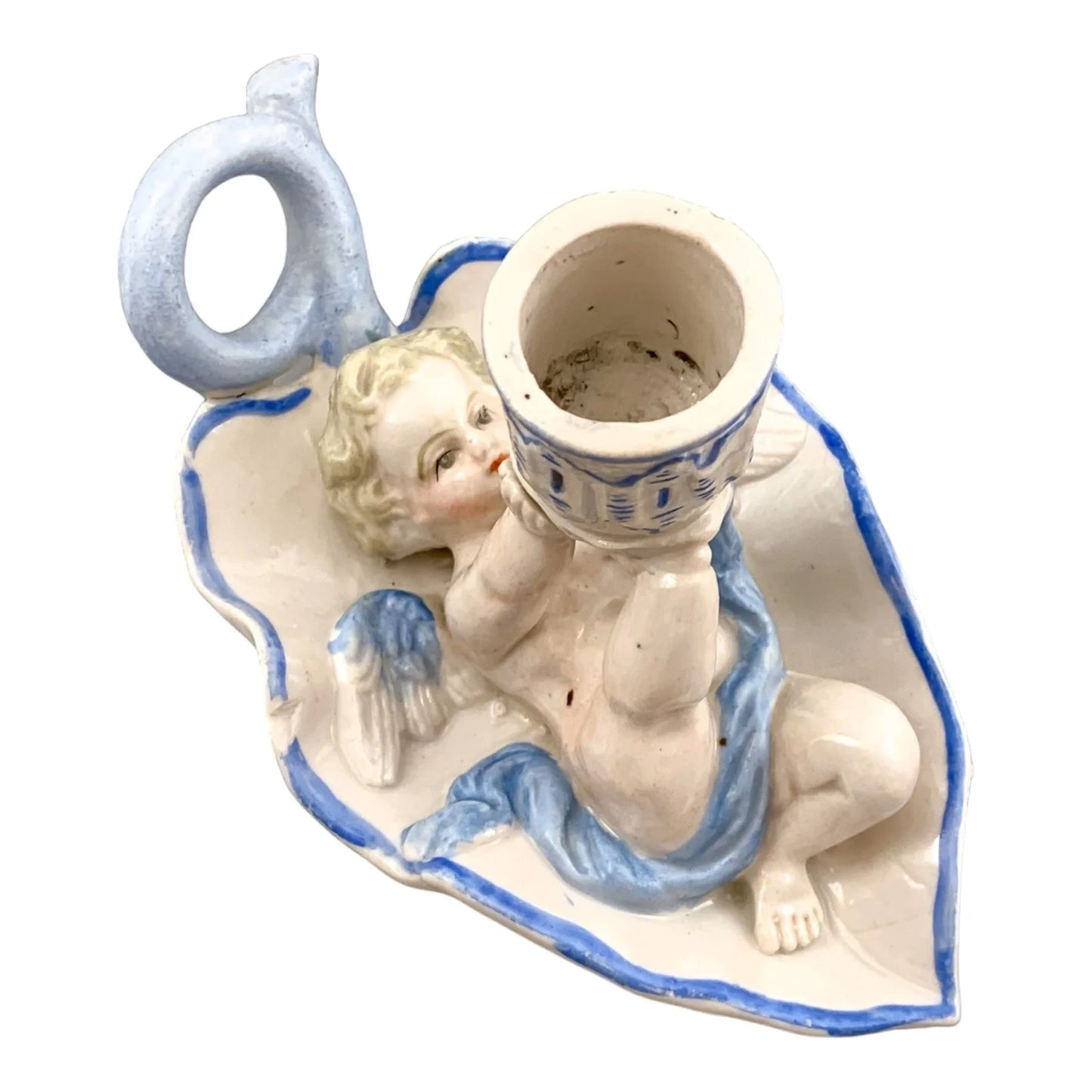 Georgian softpaste porcelain and creamware cherub candle chambersticks, putti on wyvern and leaf