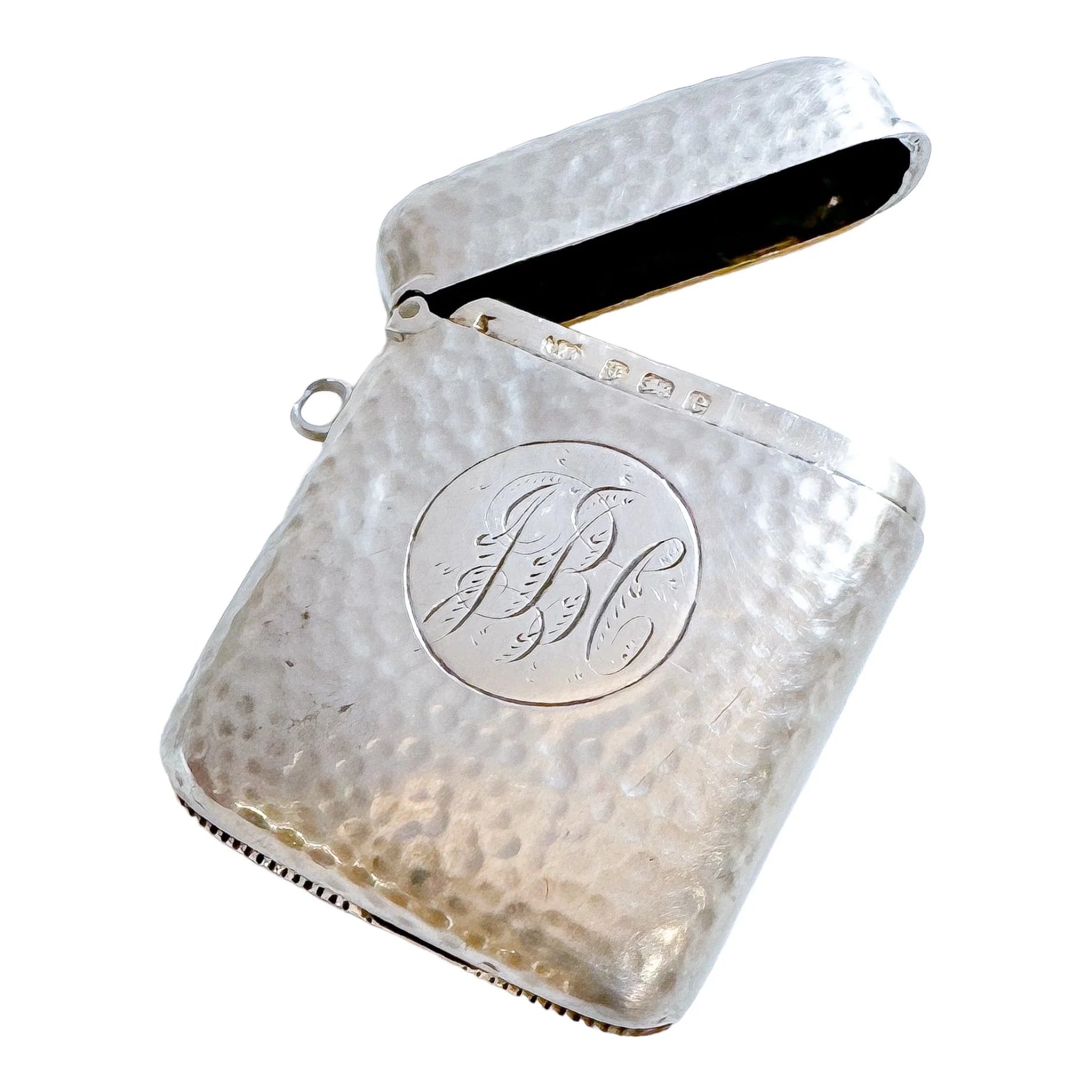 Large Edwardian sterling silver hand-hammered vesta case with bale and strike plate