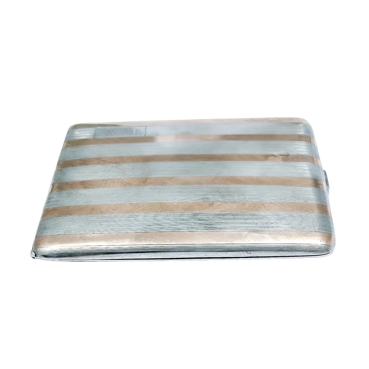 American Art Deco sterling silver cigarette / card case inlaid with 14k yellow gold bands