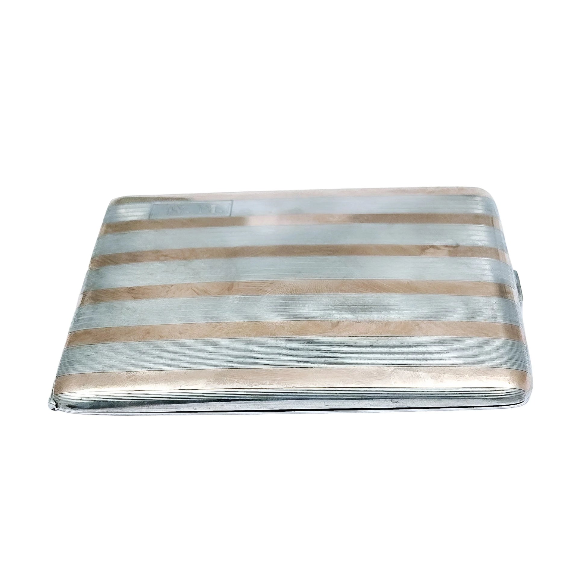 American Art Deco sterling silver cigarette / card case inlaid with 14k yellow gold bands