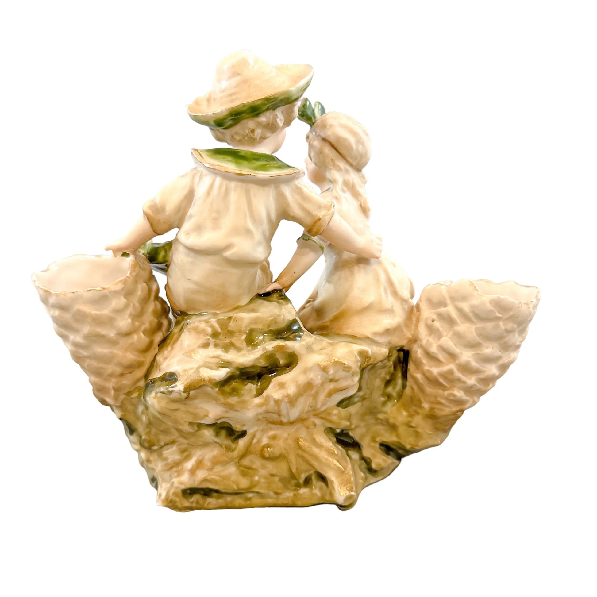 Art Nouveau Ernst Wahliss figural double spill vase centrepiece with boy and girl