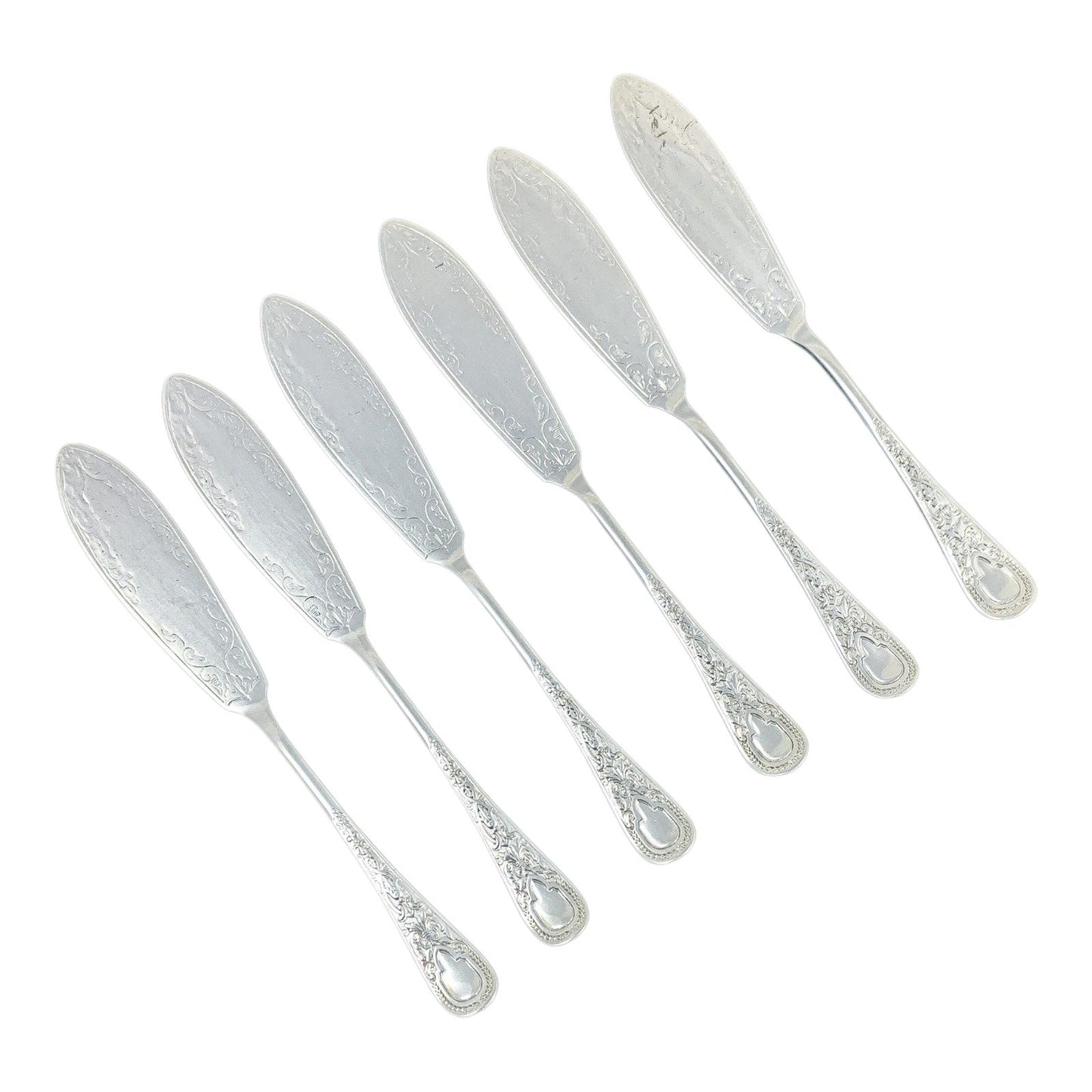 Silver plated Art Nouveau fish cutlery set for 6 people with high-relief scrolls and vacant cartouches