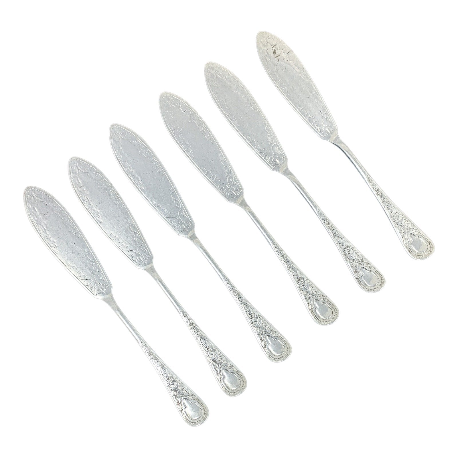 Silver plated Art Nouveau fish cutlery set for 6 people with high-relief scrolls and vacant cartouches