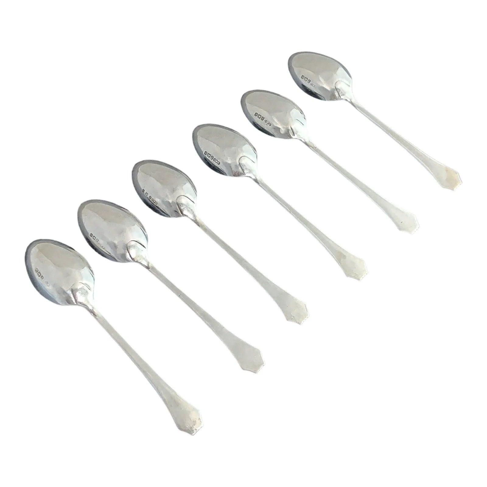 Boxed Art Deco sterling silver set of 6 large beaded teaspoons with Grecian terminals