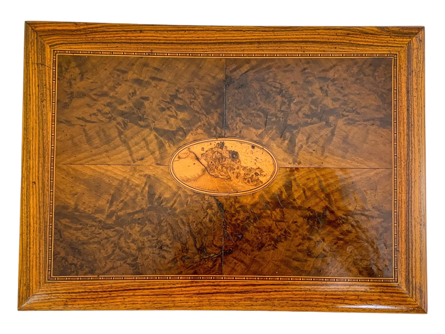Victorian burr walnut sewing / letter box with contents