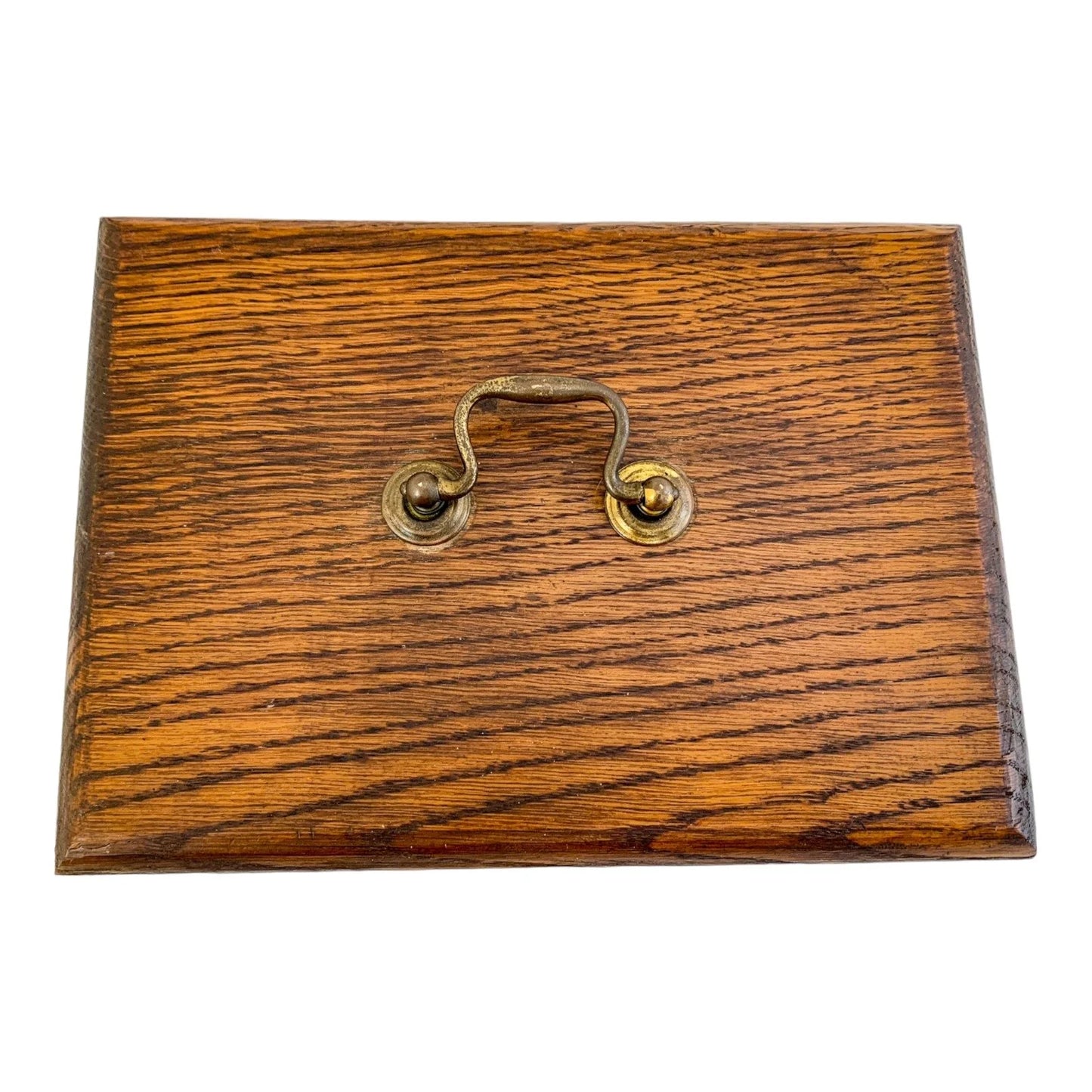 Edwardian casket oak sewing / jewellery storage box with removable lid