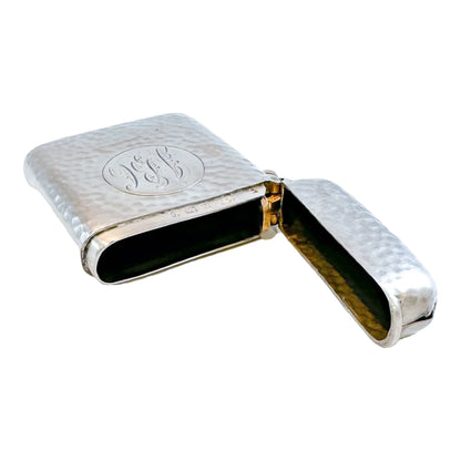 Large Edwardian sterling silver hand-hammered vesta case with bale and strike plate